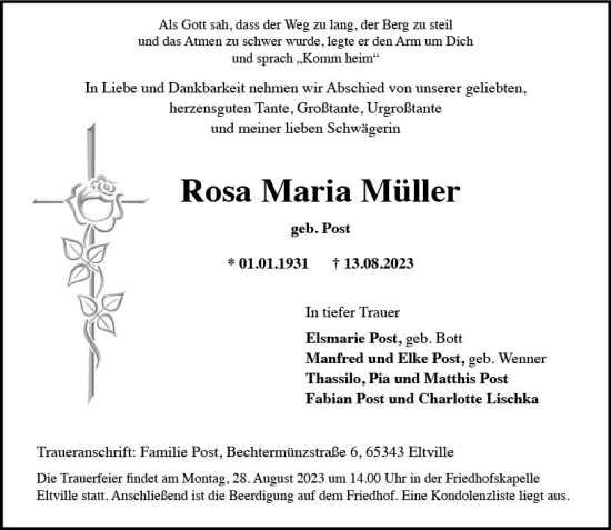 Traueranzeige von Rosa Maria Müller von Wiesbadener Kurier