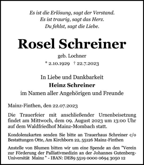 Traueranzeige von Rosel Schreiner von Allgemeine Zeitung Mainz