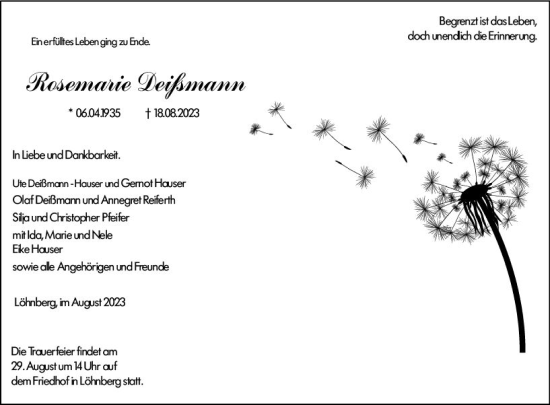 Traueranzeige von Rosemarie Deißmann von Weilburger Tageblatt
