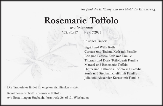 Traueranzeige von Rosemarie Toffolo von Wiesbadener Kurier