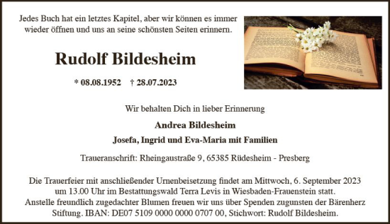 Traueranzeige von Rudolf Bildesheim von Rheingau Kurier
