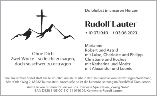 Traueranzeige von Rudolf Lauter von Wiesbadener Kurier