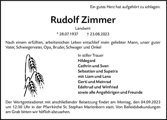 Traueranzeige von Rudolf Zimmer von Allgemeine Zeitung Mainz