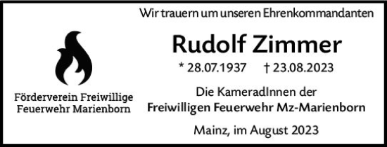 Traueranzeige von Rudolf Zimmer von Allgemeine Zeitung Mainz