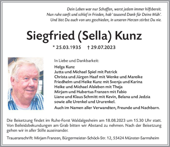 Traueranzeige von Siegfried  Kunz von Bingen/Ingelheim WOBL inkl. Neue Binger Ztg.