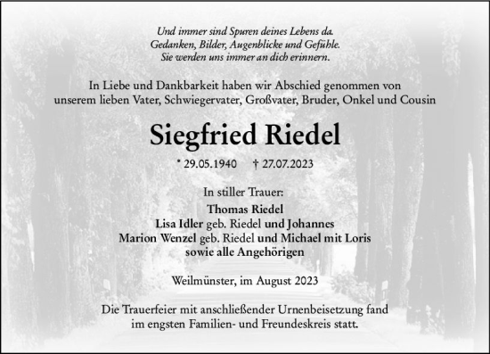 Traueranzeige von Siegfried Riedel von Weilburger Tageblatt