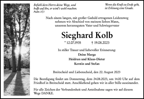 Traueranzeige von Sieghard Kolb von Dill Block