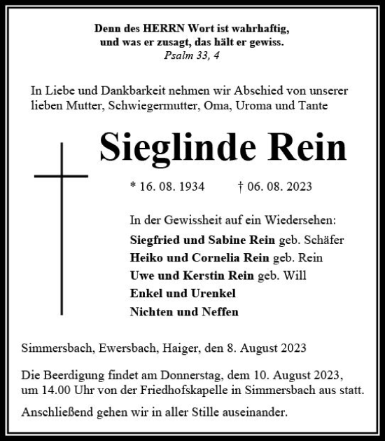 Traueranzeige von Sieglinde Rein von Dill Block