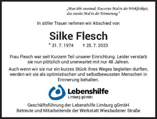 Traueranzeige von Silke Flesch von Nassauische Neue Presse
