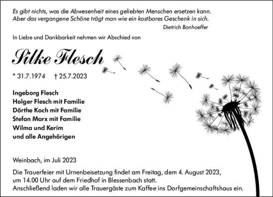 Traueranzeige von Silke Flesch von Weilburger Tageblatt