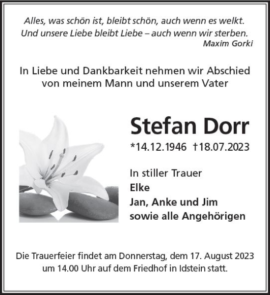 Traueranzeige von Stefan Dorr von Idsteiner Land/Untertaunus
