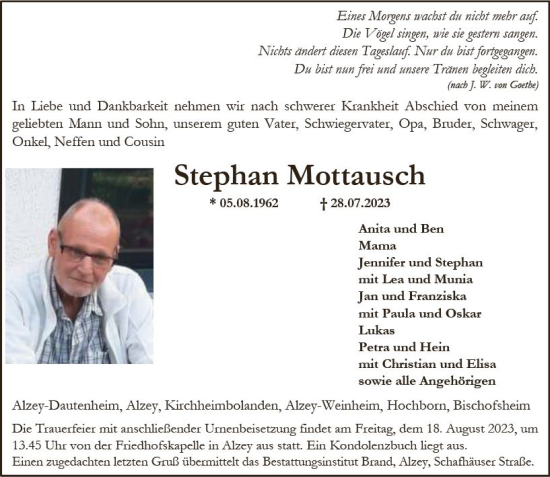 Traueranzeige von Stephan Mottausch von Allgemeine Zeitung Alzey