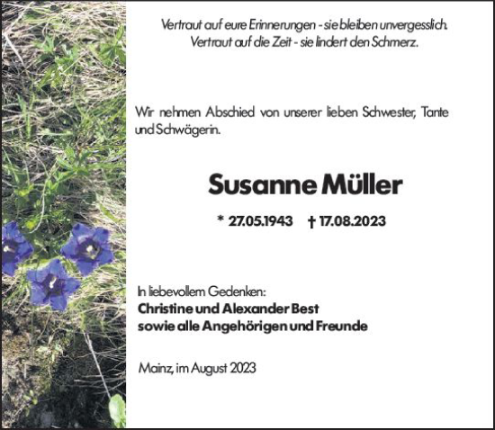 Traueranzeige von Susanne Müller von Allgemeine Zeitung Mainz