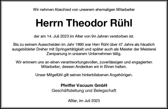 Traueranzeige von Theodor Rühl von Wetzlarer Neue Zeitung