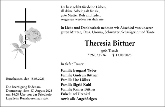 Traueranzeige von Theresia Bittner von Hinterländer Anzeiger