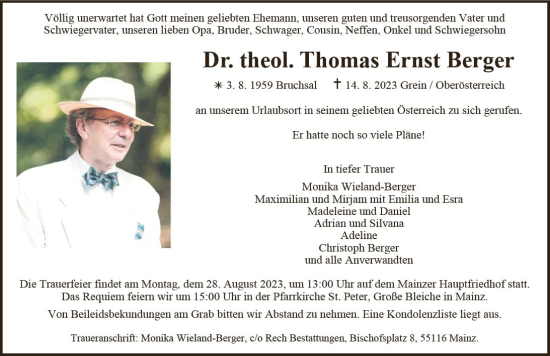 Traueranzeige von Thomas Ernst Berger von Allgemeine Zeitung Mainz