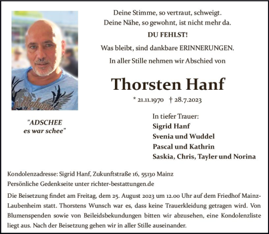 Traueranzeige von Thorsten Hanf von Allgemeine Zeitung Mainz