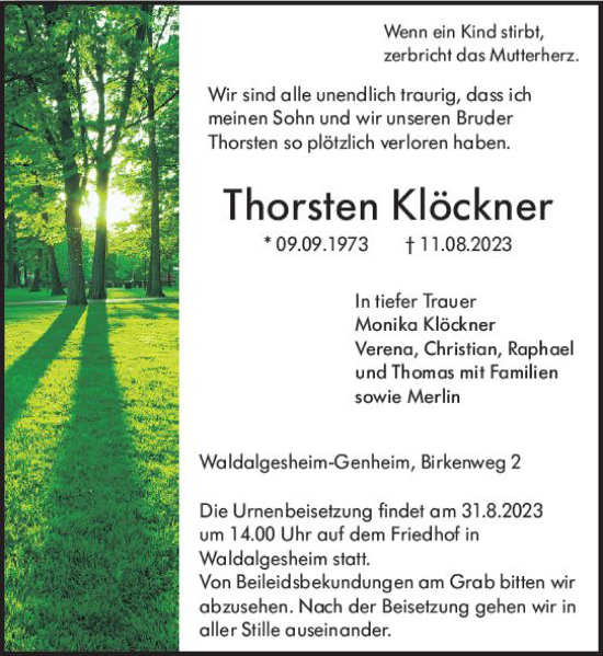 Traueranzeige von Thorsten Klöckner von Bingen/Ingelheim WOBL inkl. Neue Binger Ztg.