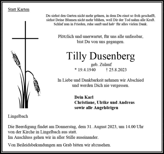 Traueranzeige von Tilly Dusenberg von VRM Trauer