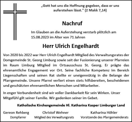 Traueranzeige von Ulrich Engelhardt von Nassauische Neue Presse