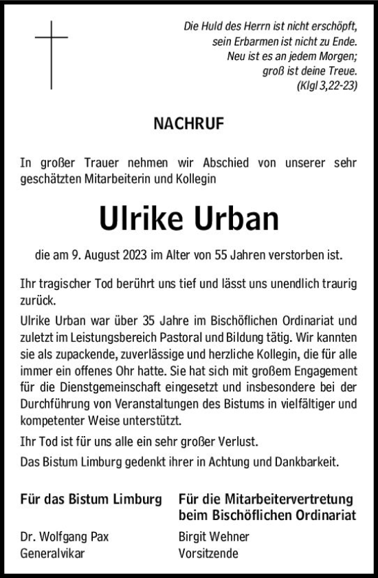 Traueranzeige von Ulrike Urban von Nassauische Neue Presse