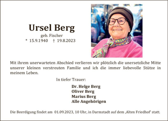 Traueranzeige von Ursel Berg von Darmstädter Echo