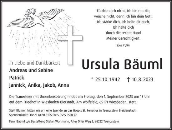 Traueranzeige von Ursula Bäuml von Wiesbadener Kurier