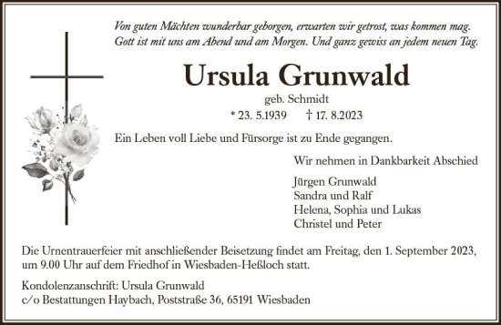 Traueranzeige von Ursula Grunwald von Wiesbadener Kurier