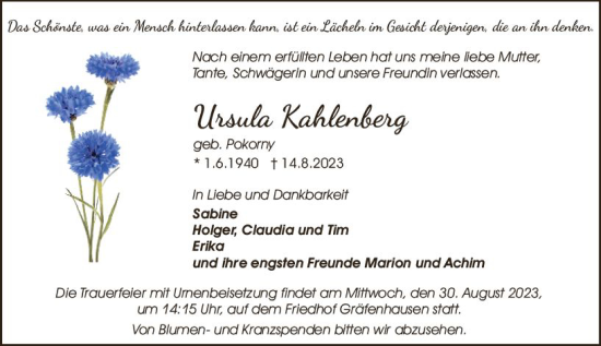 Traueranzeige von Ursula Kahlenberg von Darmstädter Echo