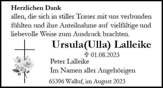 Traueranzeige von Ursula Lalleike von Wiesbadener Kurier