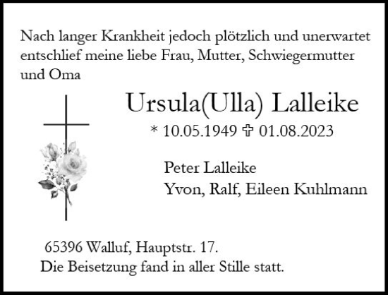 Traueranzeige von Ursula Lalleike von Wiesbadener Kurier