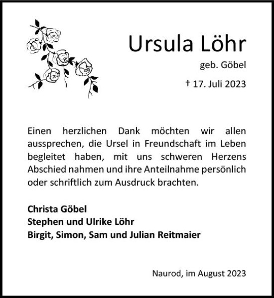 Traueranzeige von Ursula Löhr von Wiesbadener Kurier