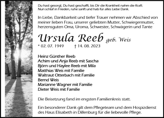 Traueranzeige von Ursula Reeb von Dill Block