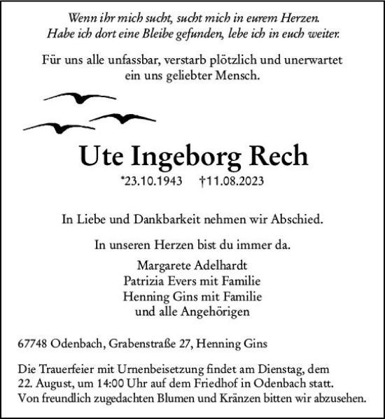 Traueranzeige von Ute Ingeborg Rech von Allgemeine Zeitung Mainz