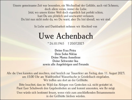 Traueranzeige von Uwe Achenbach von Wetzlarer Neue Zeitung