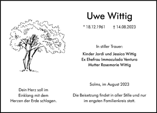 Traueranzeige von Uwe Wittig von Wetzlarer Neue Zeitung