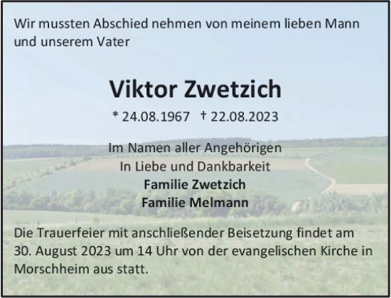 Traueranzeige von Viktor Zwetzich von Allgemeine Zeitung Alzey