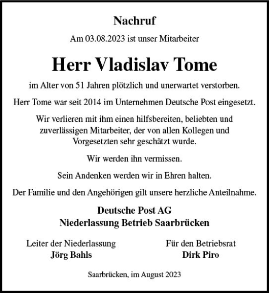 Traueranzeige von Vladislav Tome von Allgemeine Zeitung Bad Kreuznach