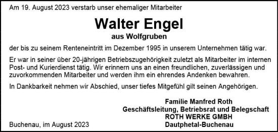 Traueranzeige von Walter Engel von Hinterländer Anzeiger