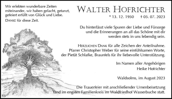 Traueranzeige von Walter Hofrichter von Wetzlarer Neue Zeitung