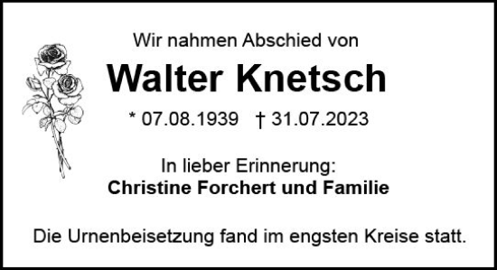 Traueranzeige von Walter Knetsch von Wiesbadener Kurier