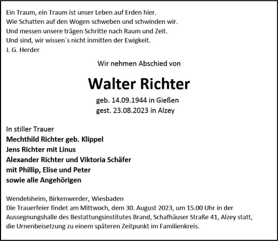 Traueranzeige von Walter Richter von Allgemeine Zeitung Alzey