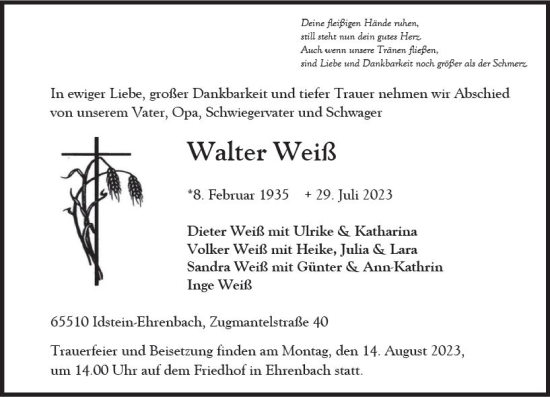Traueranzeige von Walter Weiß von Idsteiner Land/Untertaunus
