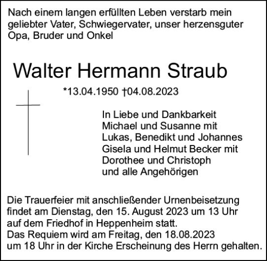 Traueranzeige von Walter Hermann Straub von Starkenburger Echo