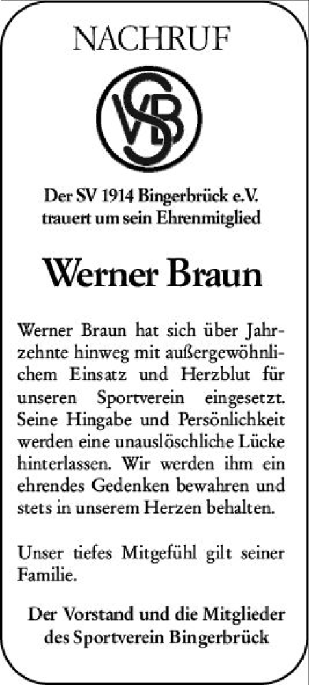 Traueranzeige von Werner Braun von Allgemeine Zeitung Bingen/Ingelheim