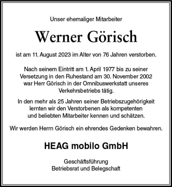 Traueranzeige von Werner Görisch von Darmstädter Echo