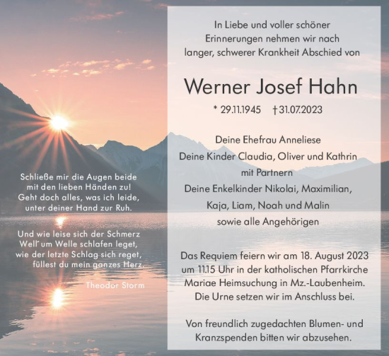 Traueranzeige von Werner Josef Hahn von Allgemeine Zeitung Mainz