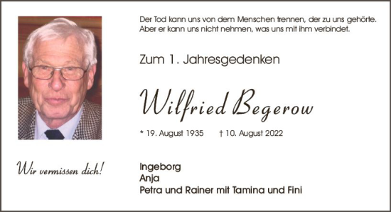 Traueranzeige von Wilfried Begerow von Allgemeine Zeitung Bad Kreuznach