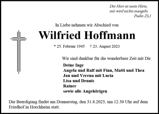 Traueranzeige von Wilfried Hoffmann von Wormser Zeitung