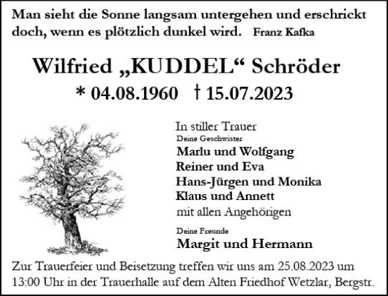 Traueranzeige von Wilfried  Schröder von Wetzlarer Neue Zeitung
